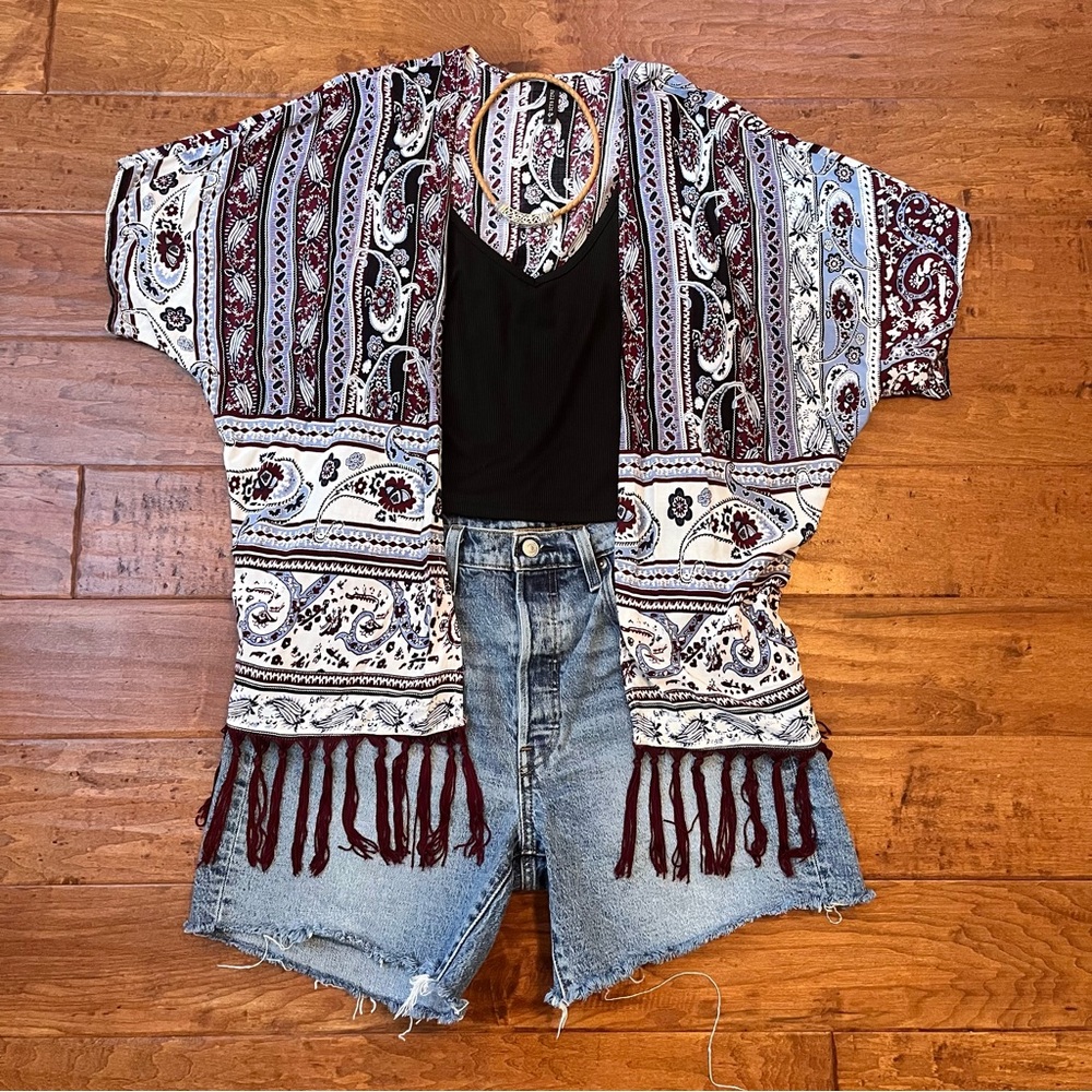 Full Tilt Open Cardigan Overlay Duster Swim Cover Up Kimono Fringe Boho Small